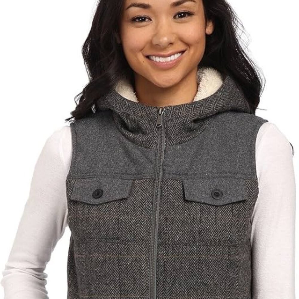 Prana Women's Gray AVa Wool Plaid Sleeveless Full Zip Vest Hoodie Size S